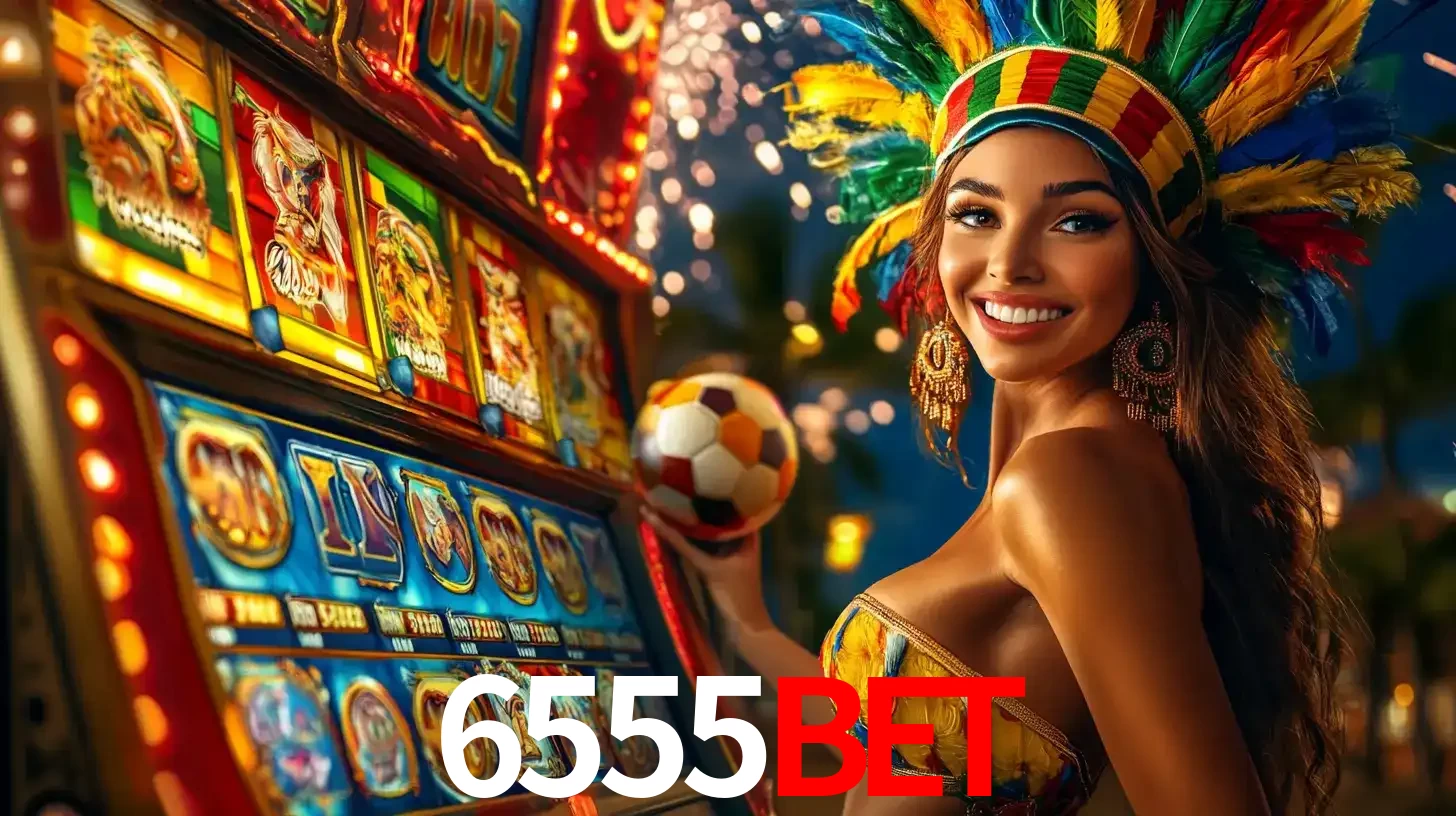 Mulher com um cocar de carnaval ao lado de uma máquina de caça-níqueis enquanto segura uma bola de futebol, mostrando a união da diversão de cassino e esportes no 6555bet.