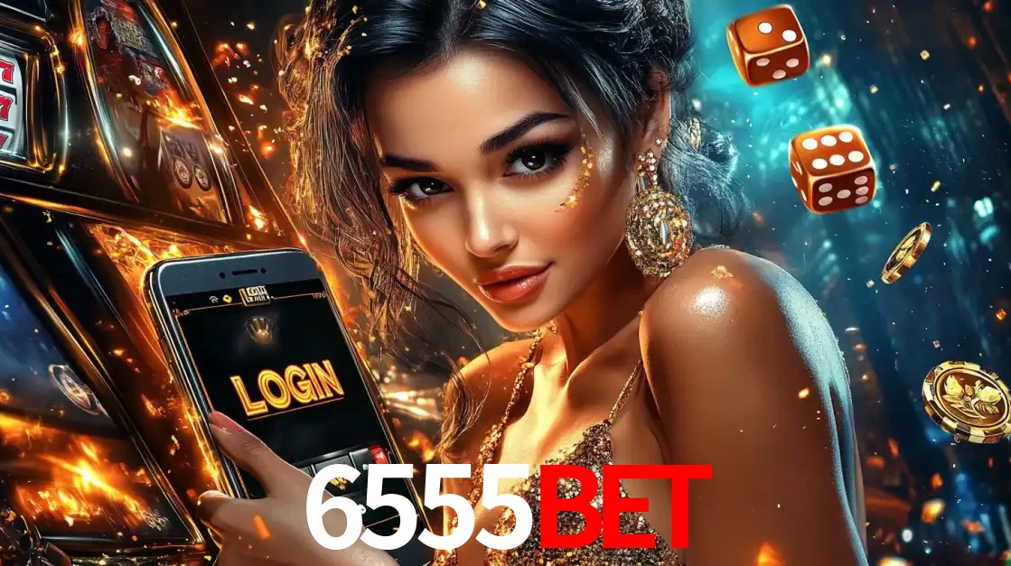 Mulher glamourosa segurando um celular com a tela de login do cassino 6555bet, rodeada por dados e moedas douradas, pronta para começar a diversão.