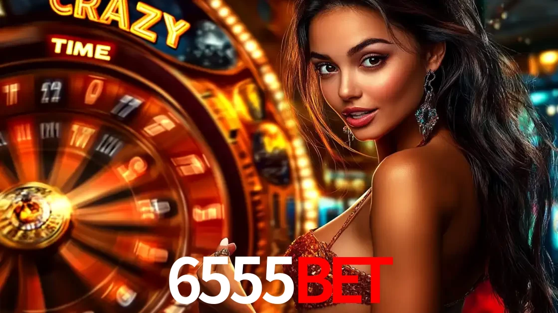 Mulher ao lado da roda de prêmios do jogo de cassino ao vivo Crazy Time, um dos shows de jogos mais emocionantes oferecidos pela plataforma de apostas 6555bet.