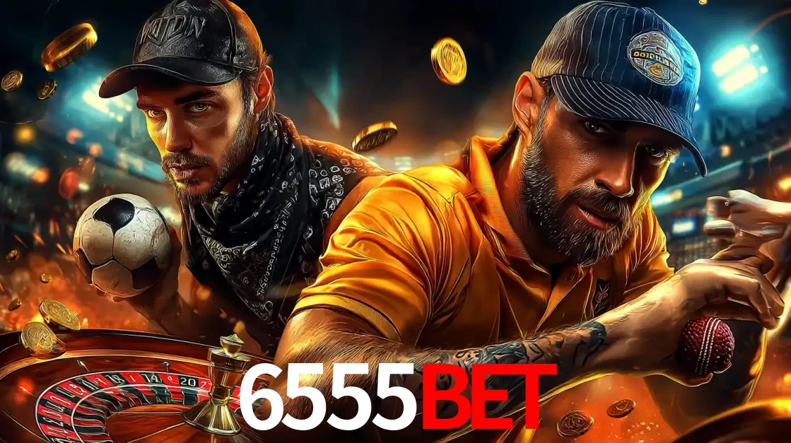 Montagem de apostas esportivas e cassino no 6555bet, com um homem segurando uma bola de futebol e outro uma de beisebol sobre uma roleta e moedas voadoras.