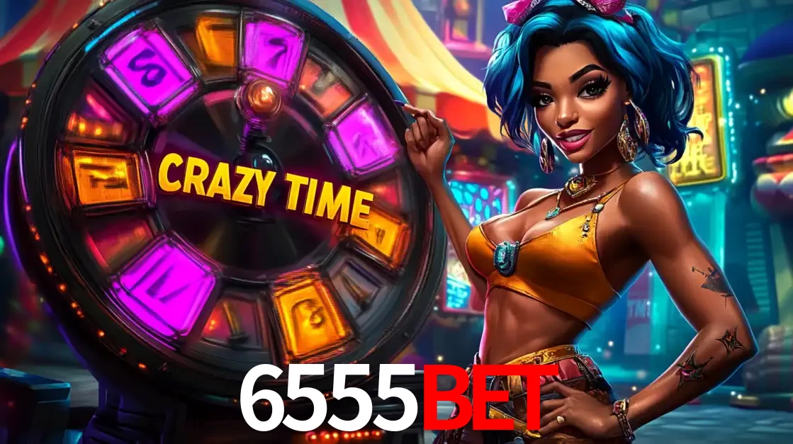 Mulher estilizada com cabelo azul e visual vibrante posando ao lado da roda de prêmios do game show Crazy Time, convidando para a diversão e os bônus do cassino 6555bet.