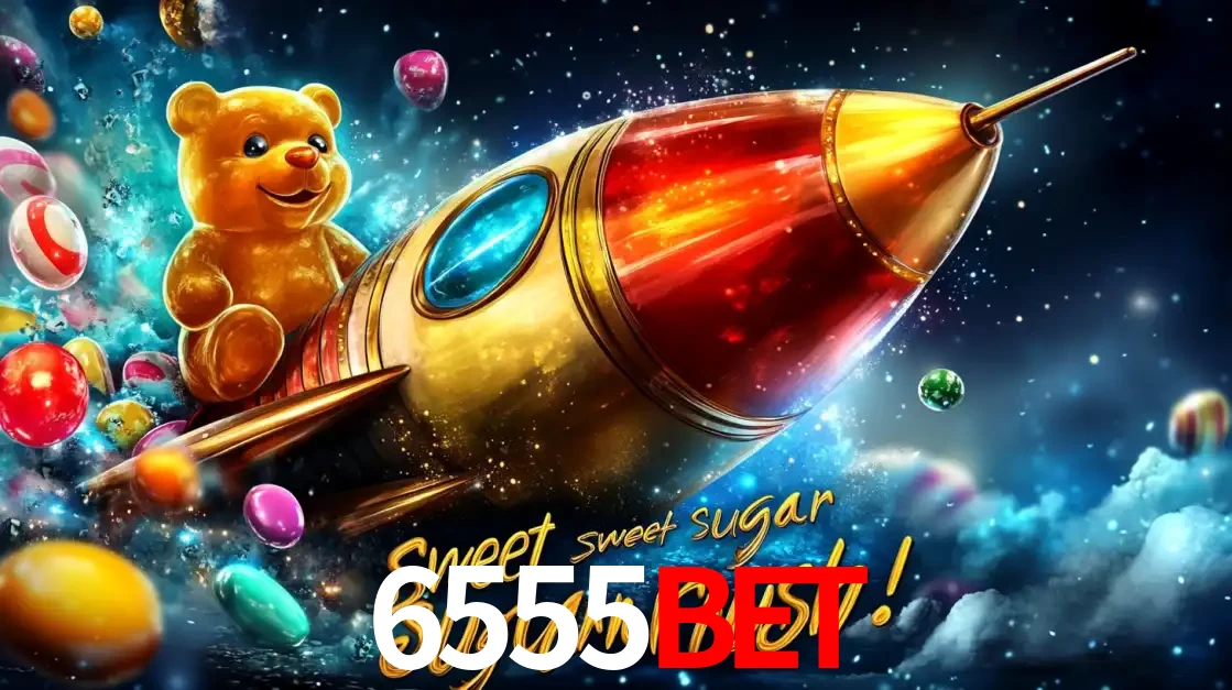 Arte promocional do jogo de slot Sugar Rush, com um urso de pelúcia em um foguete viajando pelo espaço de doces, um dos jogos divertidos disponíveis no cassino 6555bet.