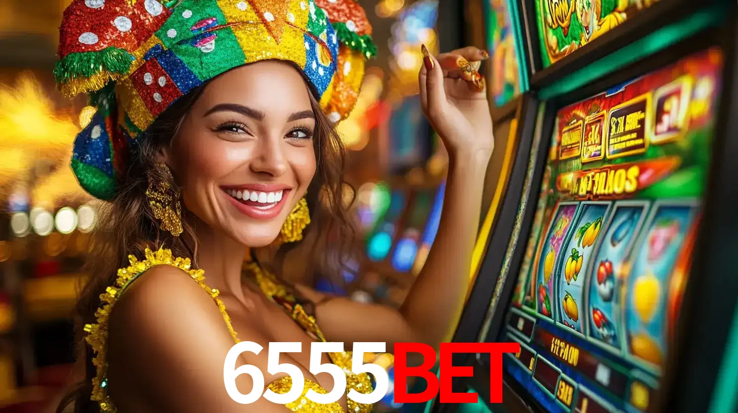 Mulher feliz com traje de carnaval amarelo e colorido ao lado de uma máquina de caça-níqueis, aproveitando a diversão e os jogos temáticos do cassino 6555bet.